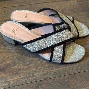 J. Crew Silver Glitter Mules with Black Trim 6.5